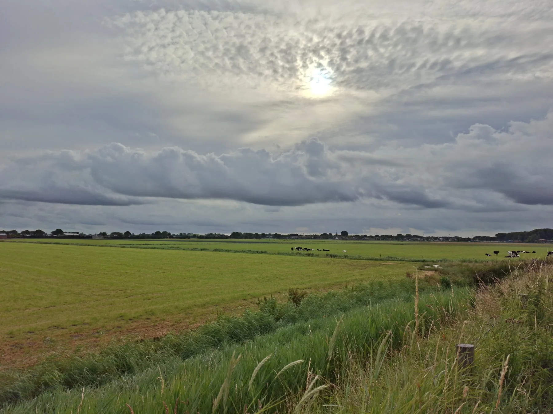 Groen landschap en water onder een Hollandse wolkenlucht